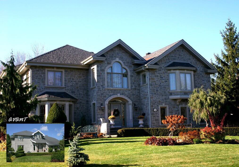 Ajout d'un demi-étage et réfection du recouvrement extérieur sur une maison de luxe à Dollard-Des-Ormeaux - Photo Avant en bas à gauche