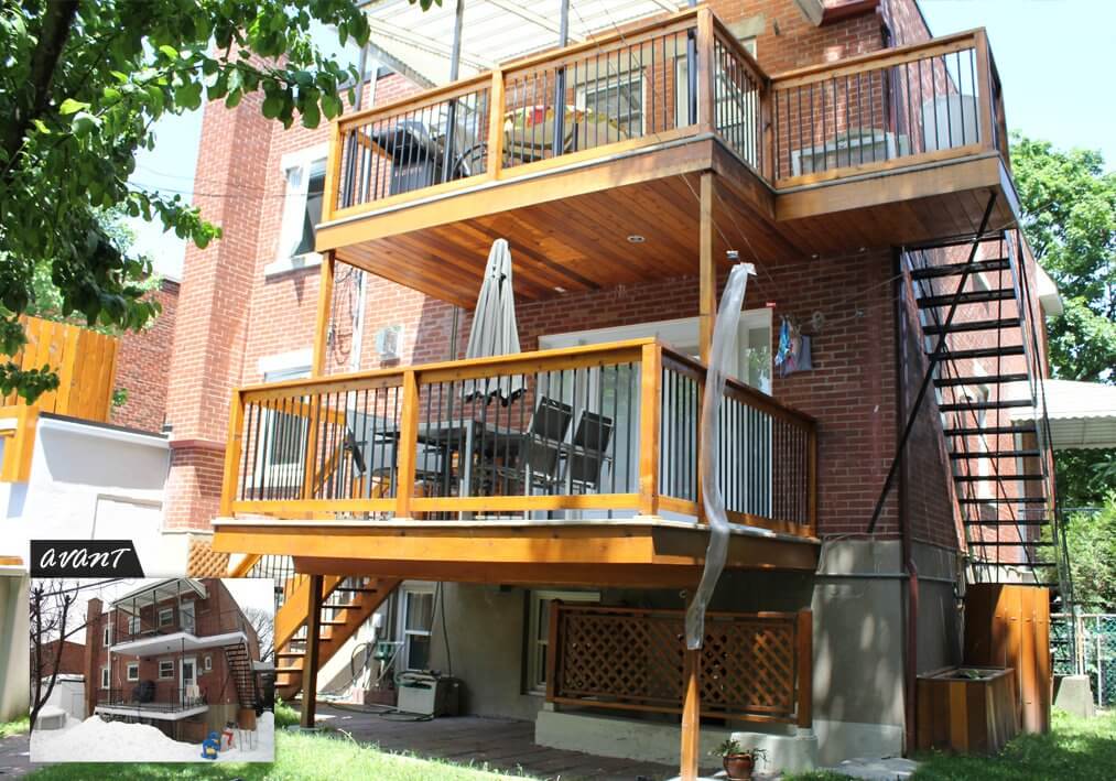 Rénovation de terrasse extérieure sur un duplex, construction d'un nouvel escalier et rampes en bois - Quartier Petite-Patrie, Montréal